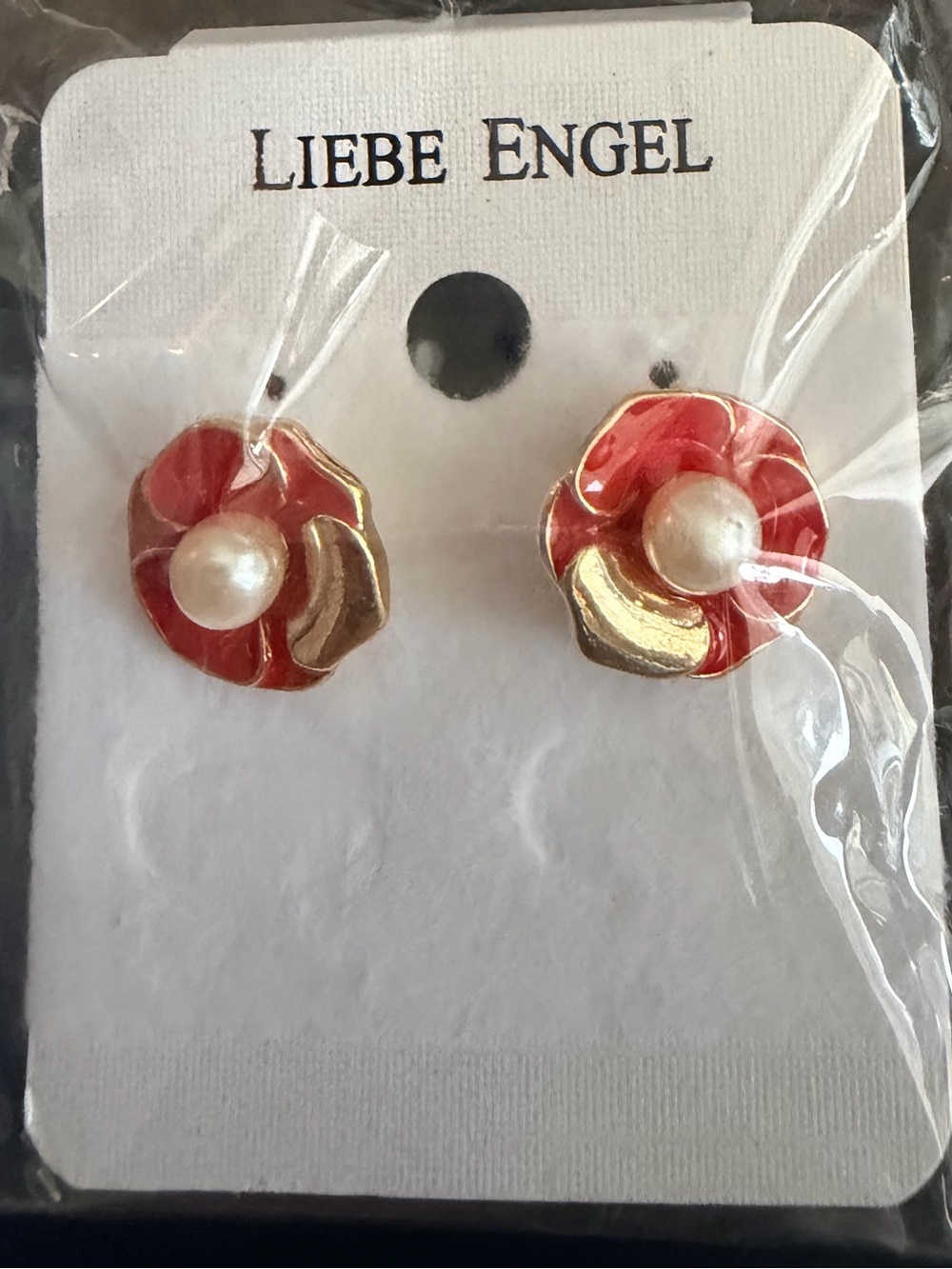 Red Flower Stud Earrings with Pearl Accents